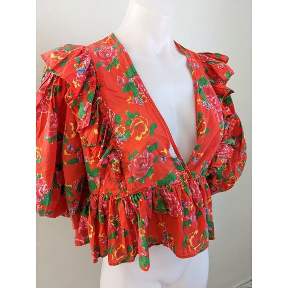 Rhode Size Small Elodie Crop Top Red Tiered Ruffle 100% Cotton Floral V Neck - Picture 6 of 13